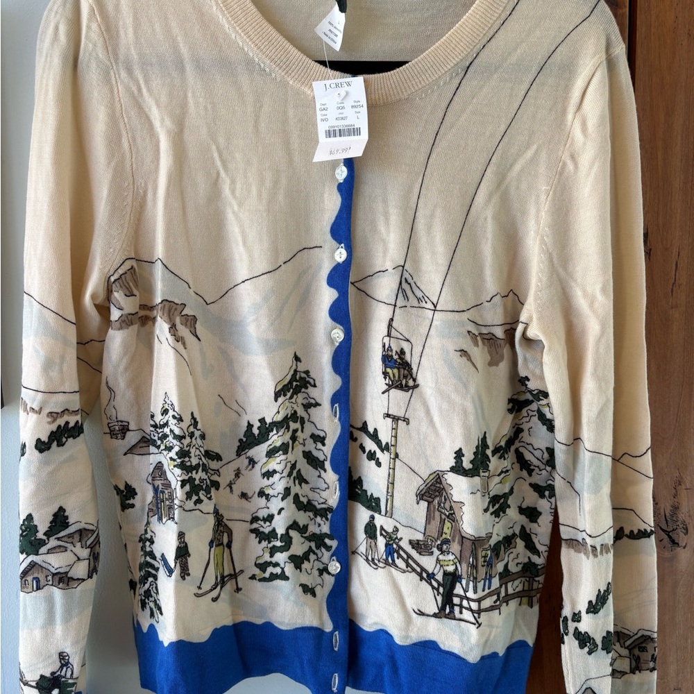 J. Crew Cream Cardigan with Blue Trim and Ski Village Scene